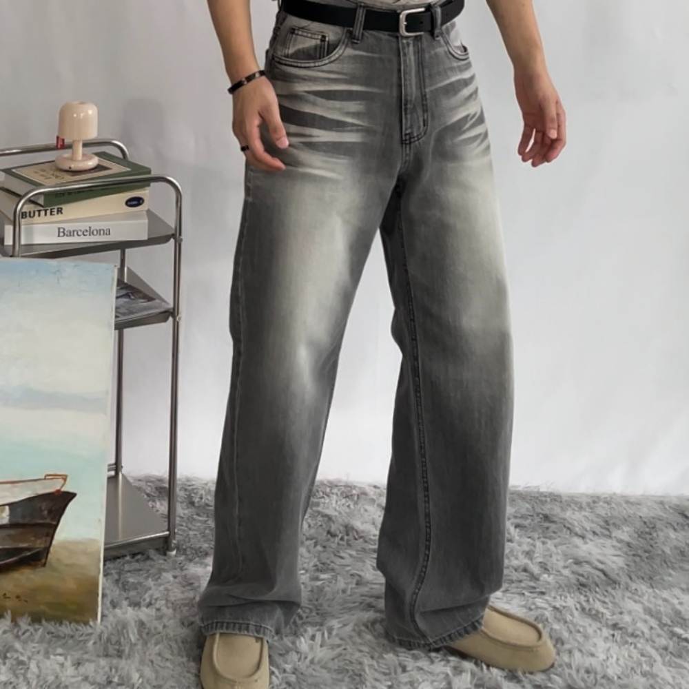 남자그레이진 남자워싱청바지 와이드데님팬츠 더블캣 샌드 워싱