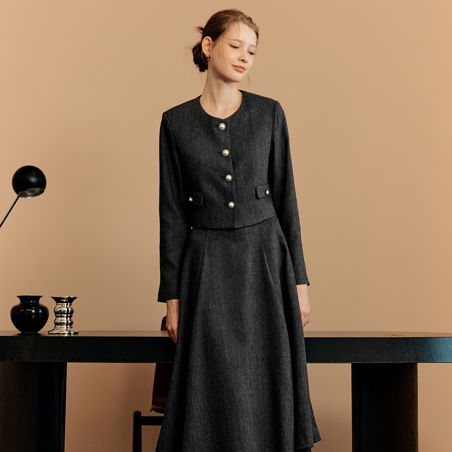 [제로스트릿][2컬러] [세트] 라운드넥 트위드 자켓 & 스커트 [SET-UP] ROUND NECK TWEED JACKET & SKIRT