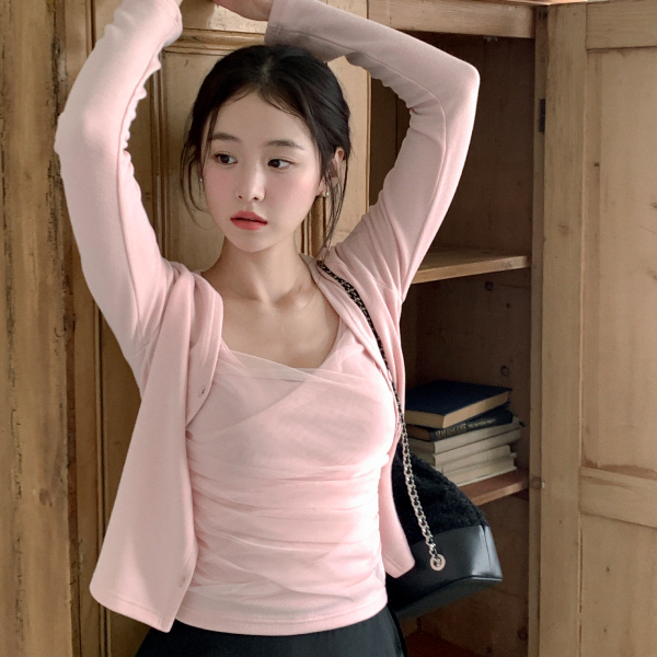 샤 셔링 슬리브리스 긴팔 가디건 세트 나시가디건 st2975