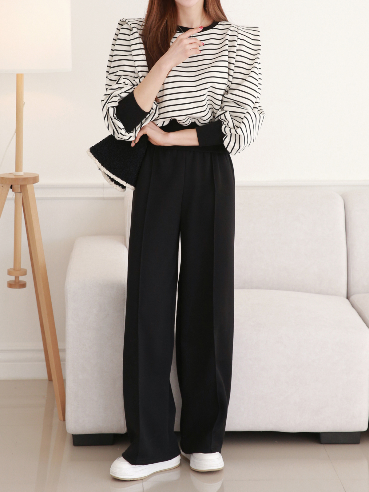 카란 SET 기모 스트라이프 배색 맨투맨 트레이닝 밴딩 와이드 팬츠