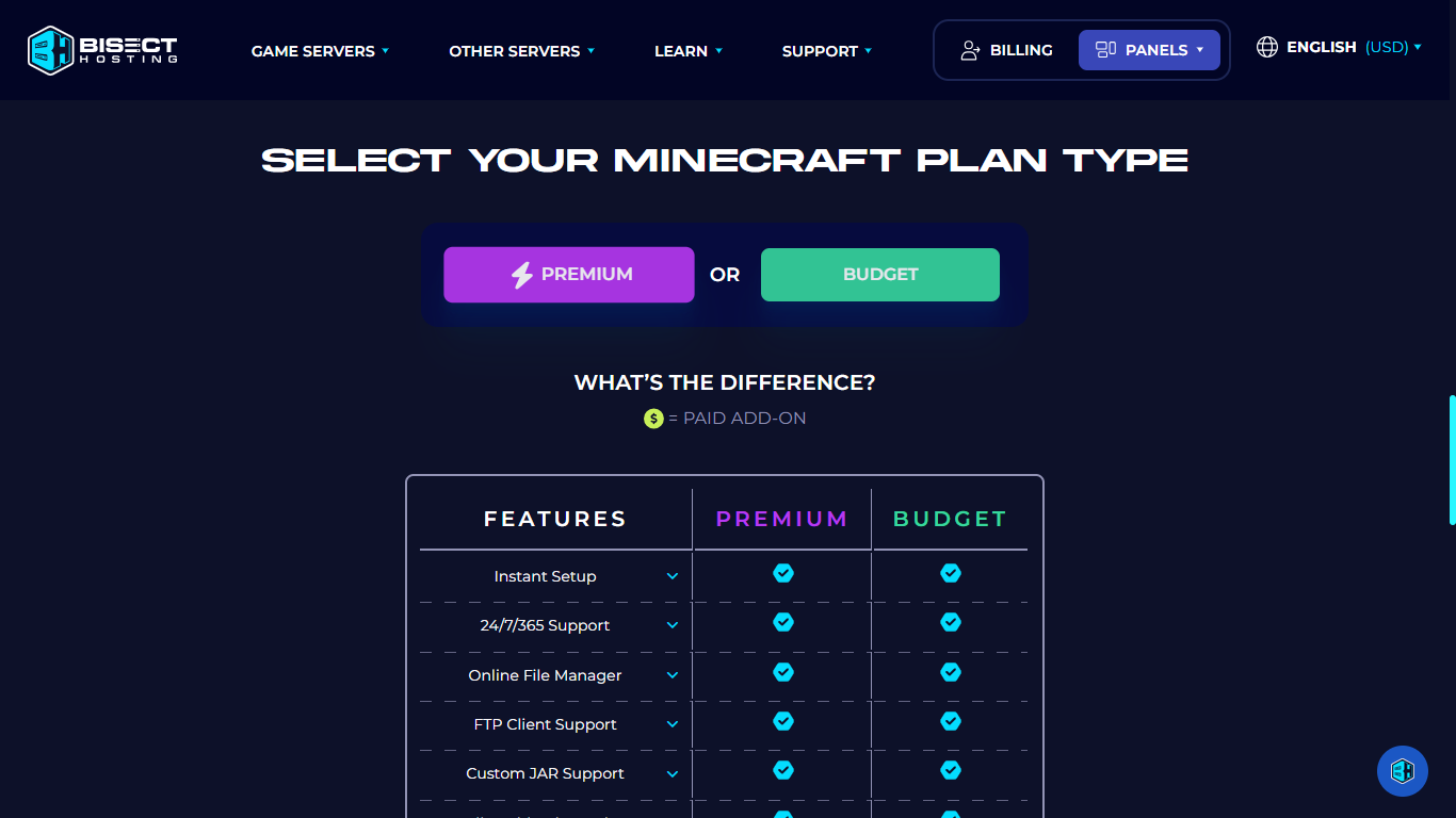 BisectHosting: choose budget or premium
