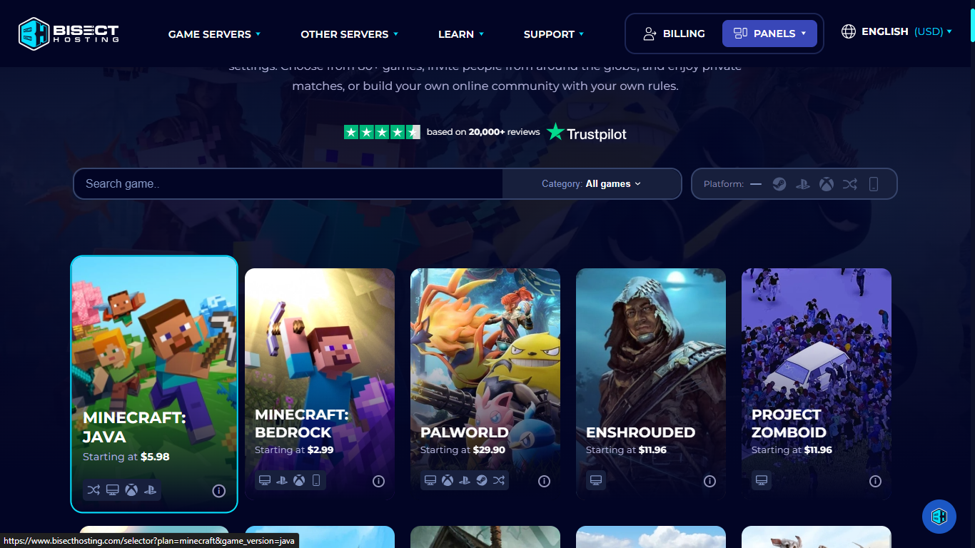 BisectHosting: choose game