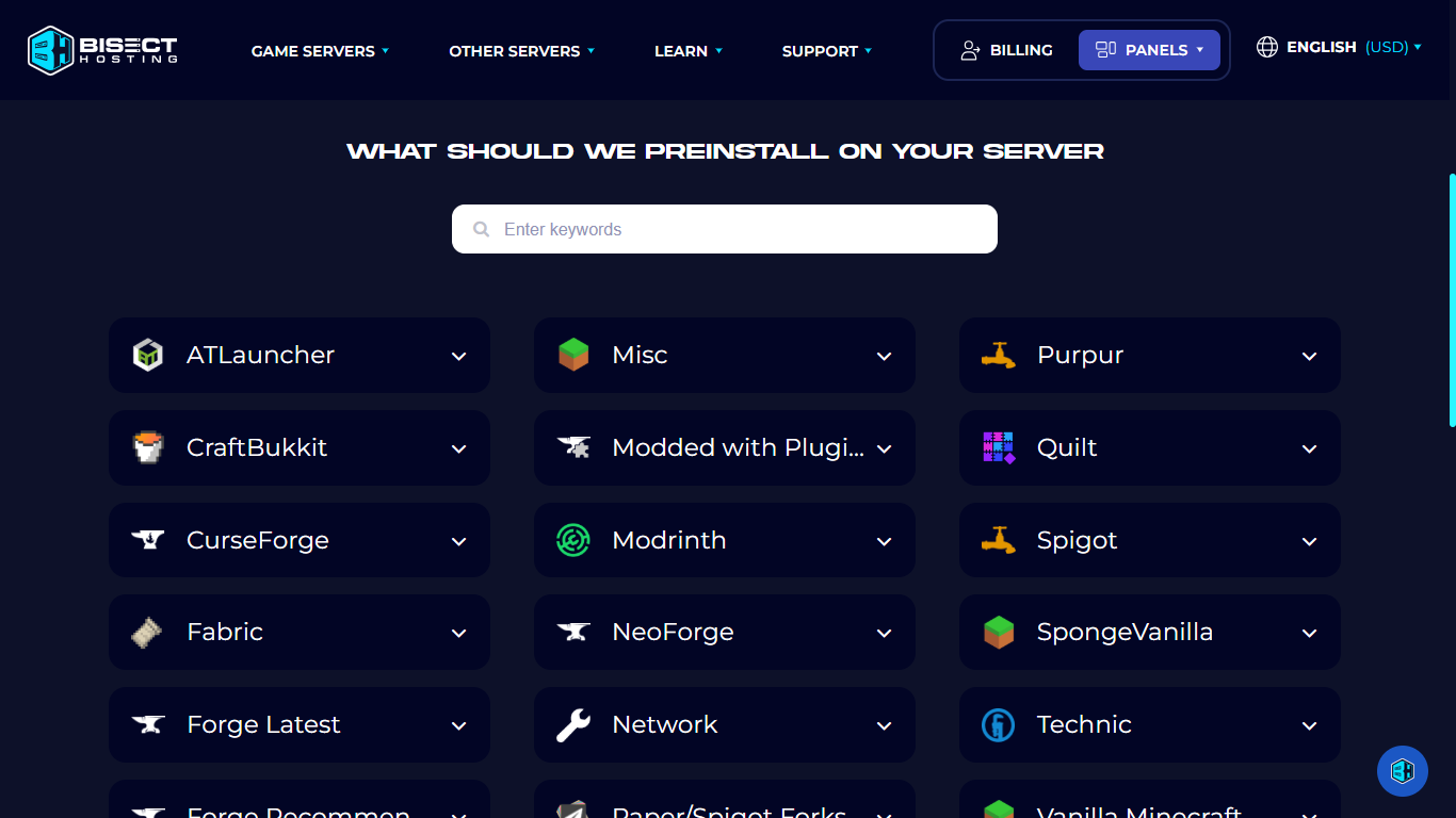 BisectHosting: choose Minecraft version