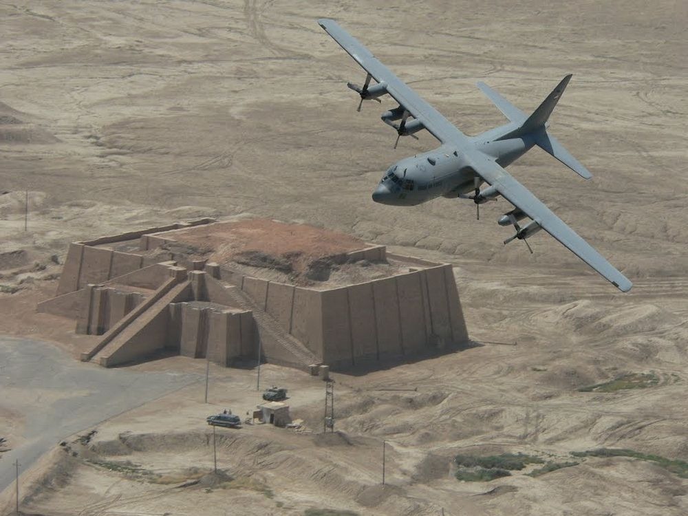 A US military aircraft over the Ziggurat of Ur, Iraq, photographed during the US-led invasion.