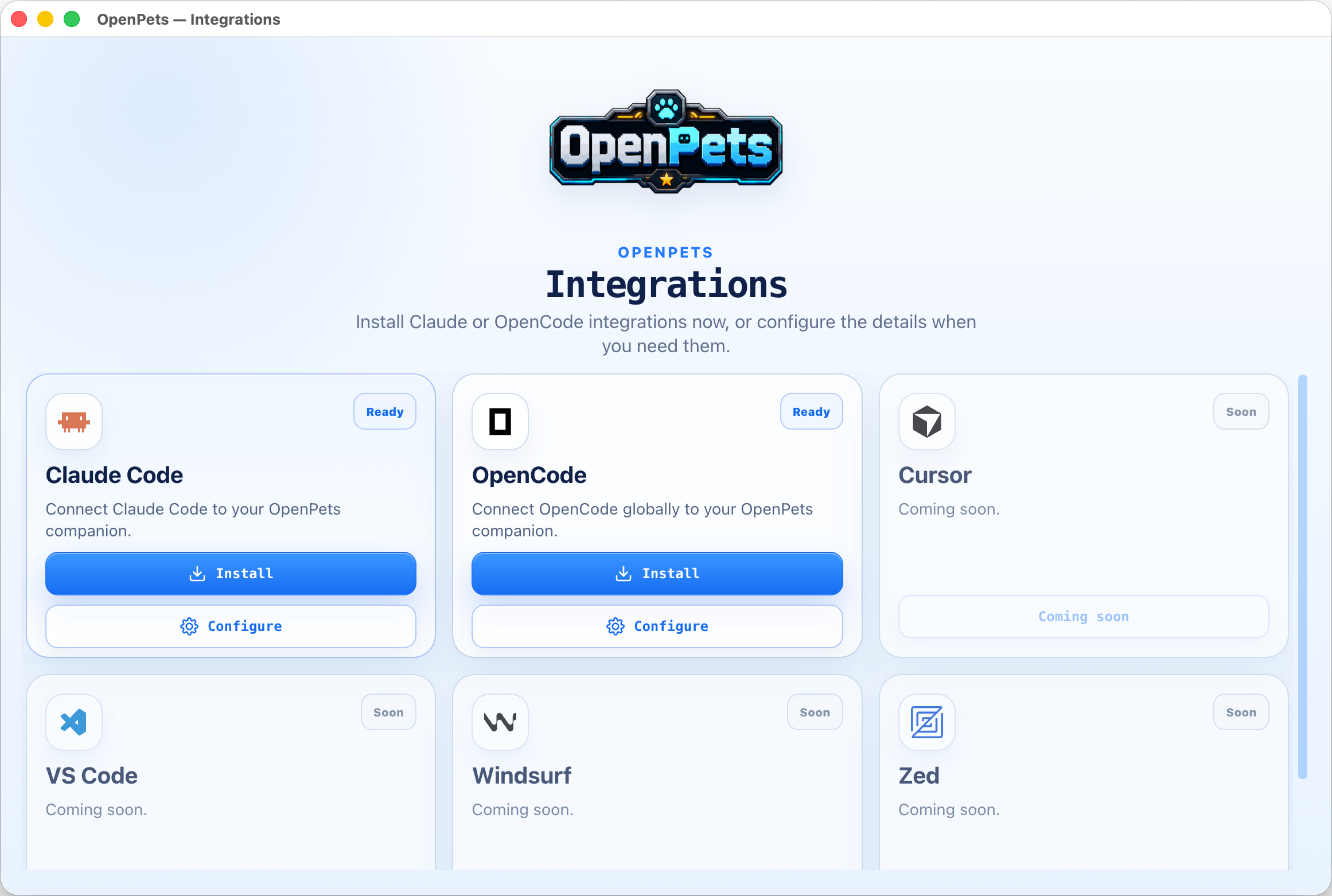 OpenPets desktop integrations screen