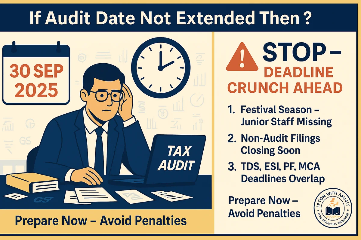 No Extension Yet – Prepare for 30 Sept 2025 Tax Audit Deadline & Overlapping Compliances Tax audit deadline 30 September 2025 – Chartered Accountant facing compliance crunch with calendar, clock, GST icons and key bullet points about non-audit filing, TDS, ESI, PF deadlines