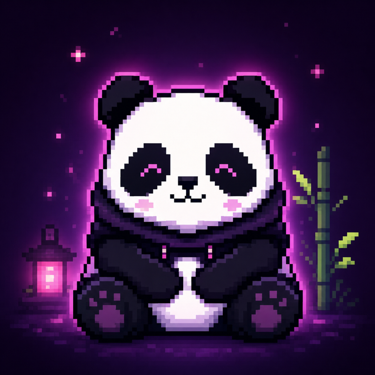 Avatar pixel-art de Pandi con brillo magenta y bambú