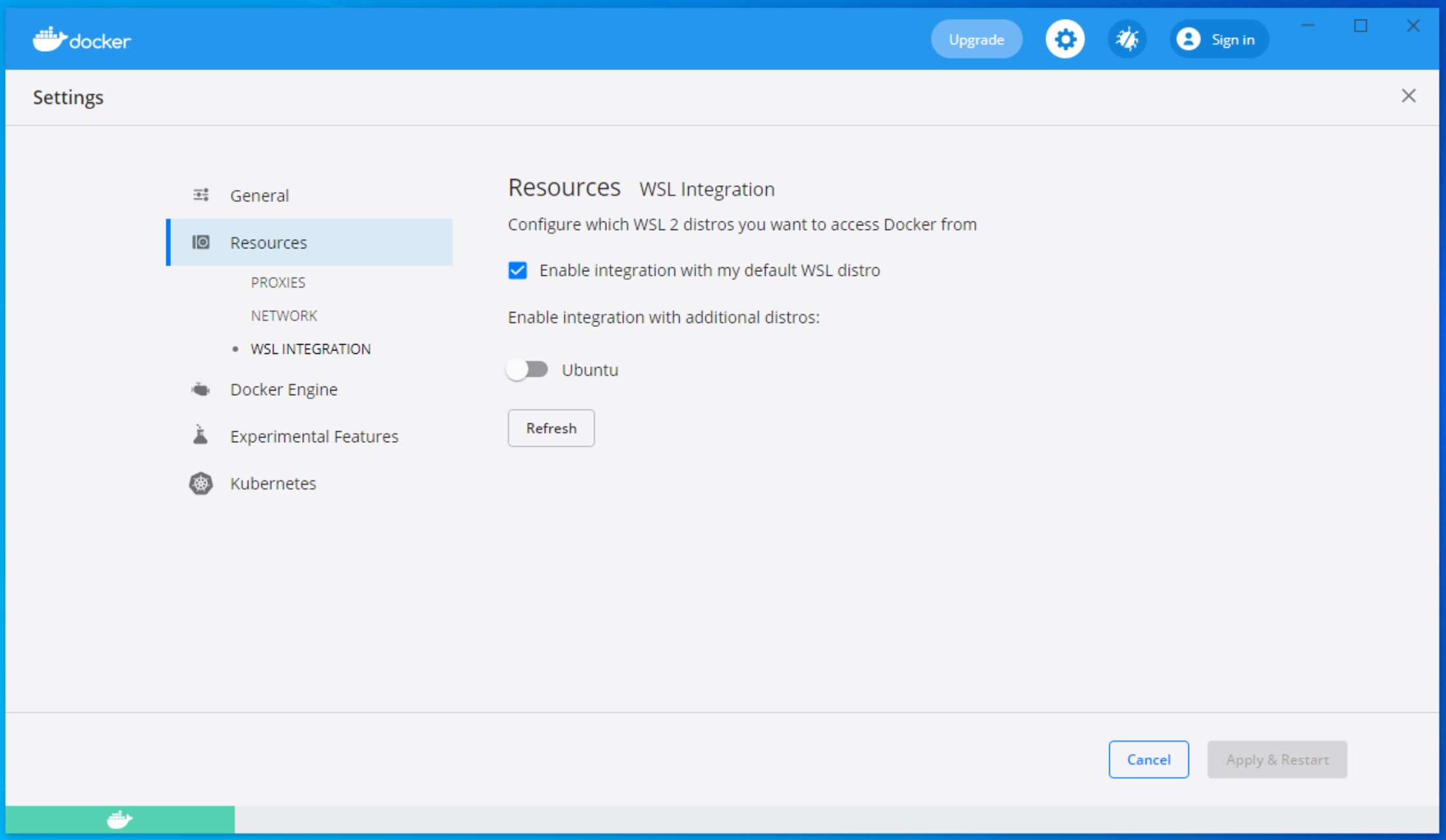 Go to Settings, select Resources, and select WSL Integration. You'll see your WSL Ubuntu there, not selected