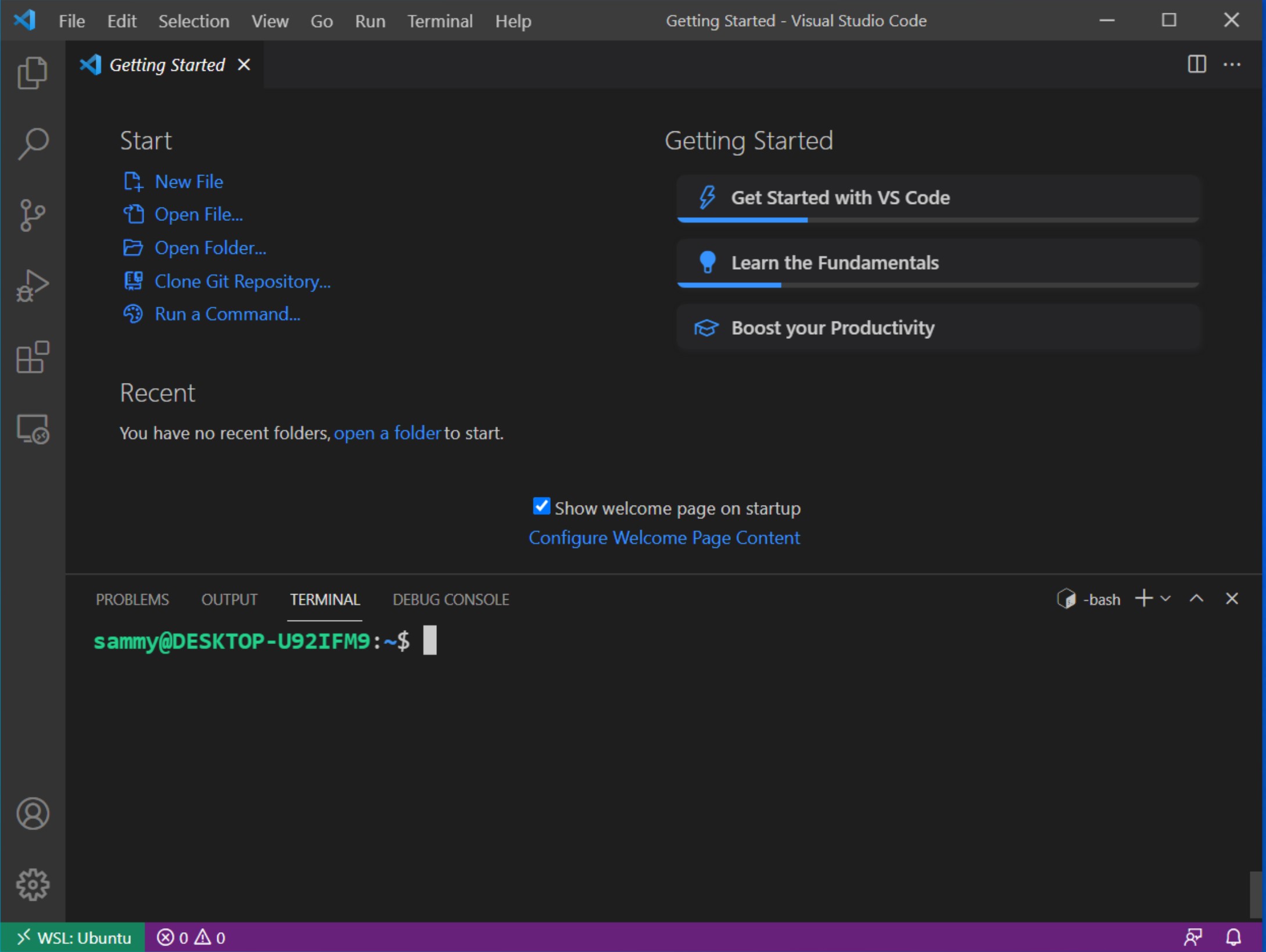 If you open a new terminal you'll open your Ubuntu terminal and be able to develop using VSCode directly in the WSL