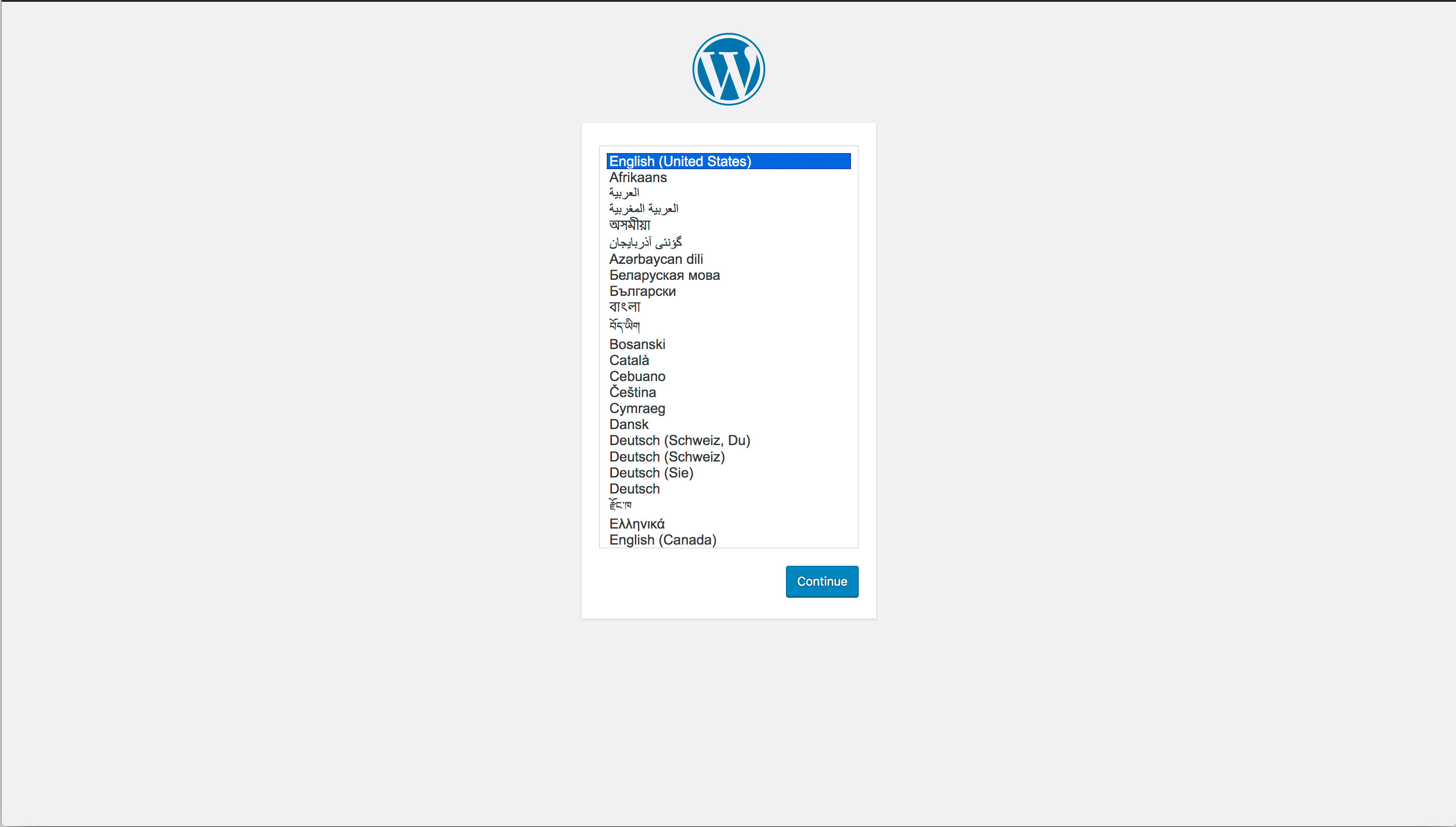 WordPress setup screen