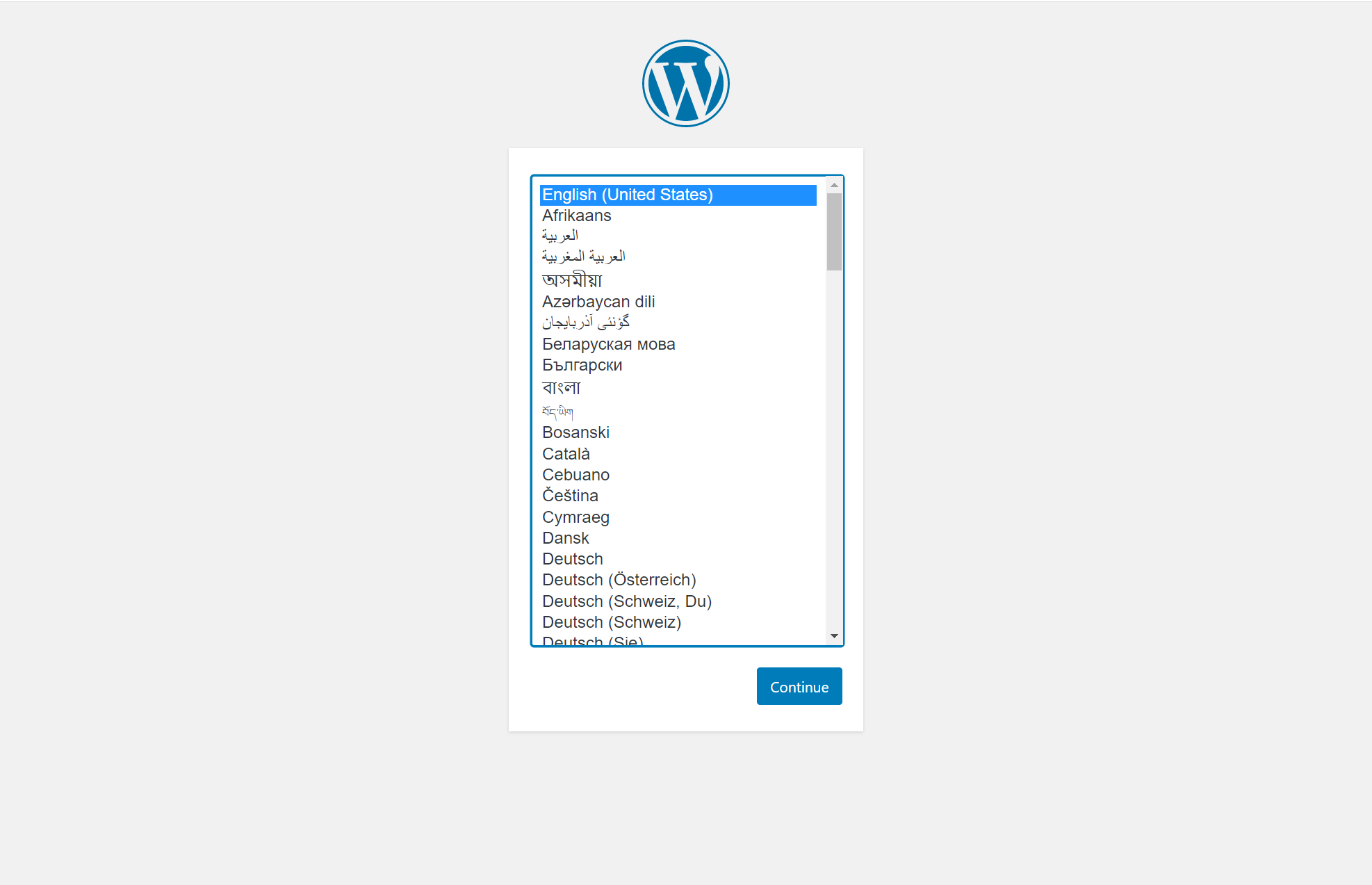 WordPress setup screen