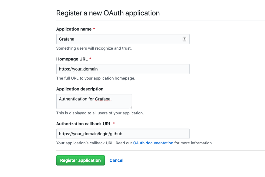GitHub form for registering an OAuth Application