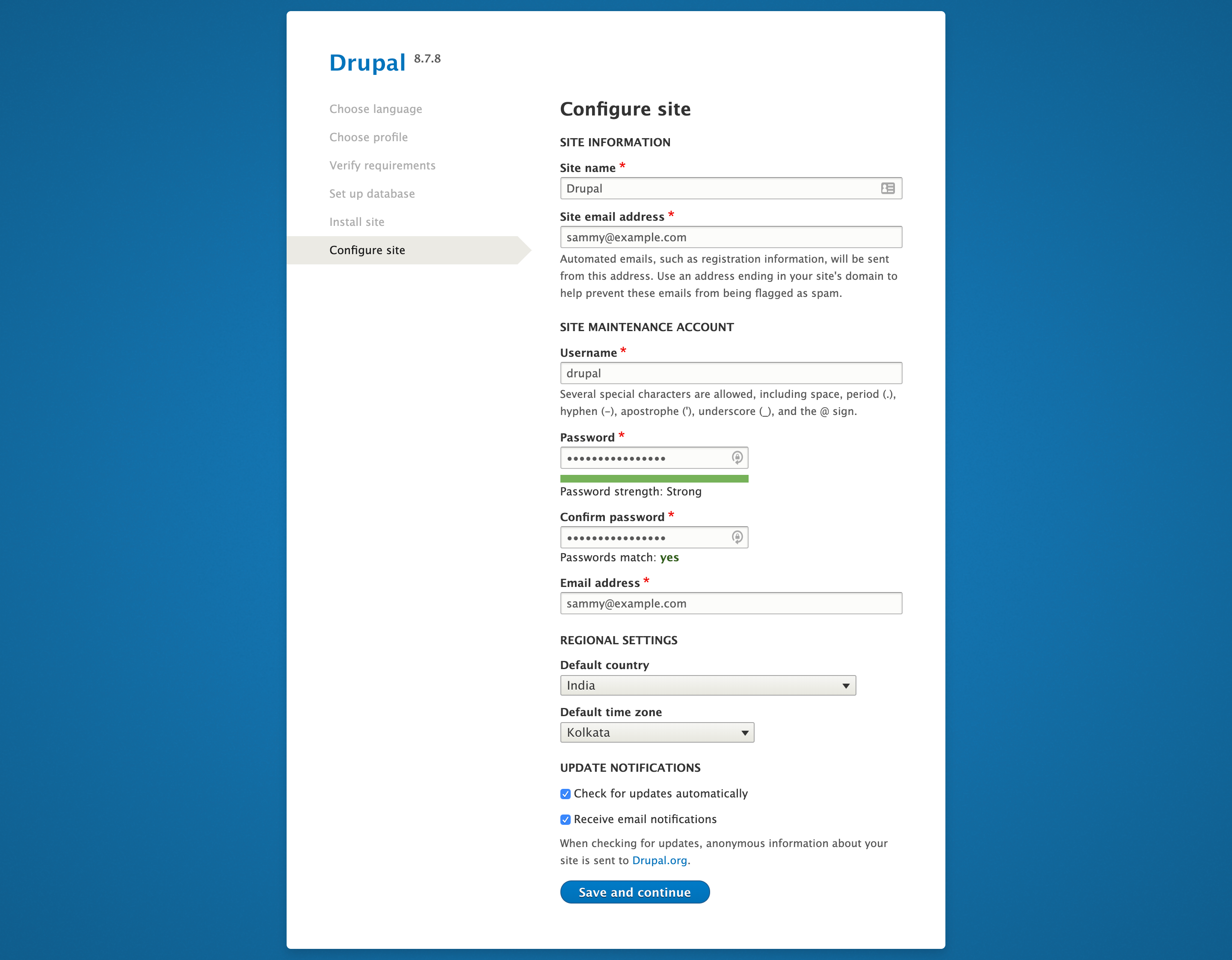 Configure site page on Drupal web interface