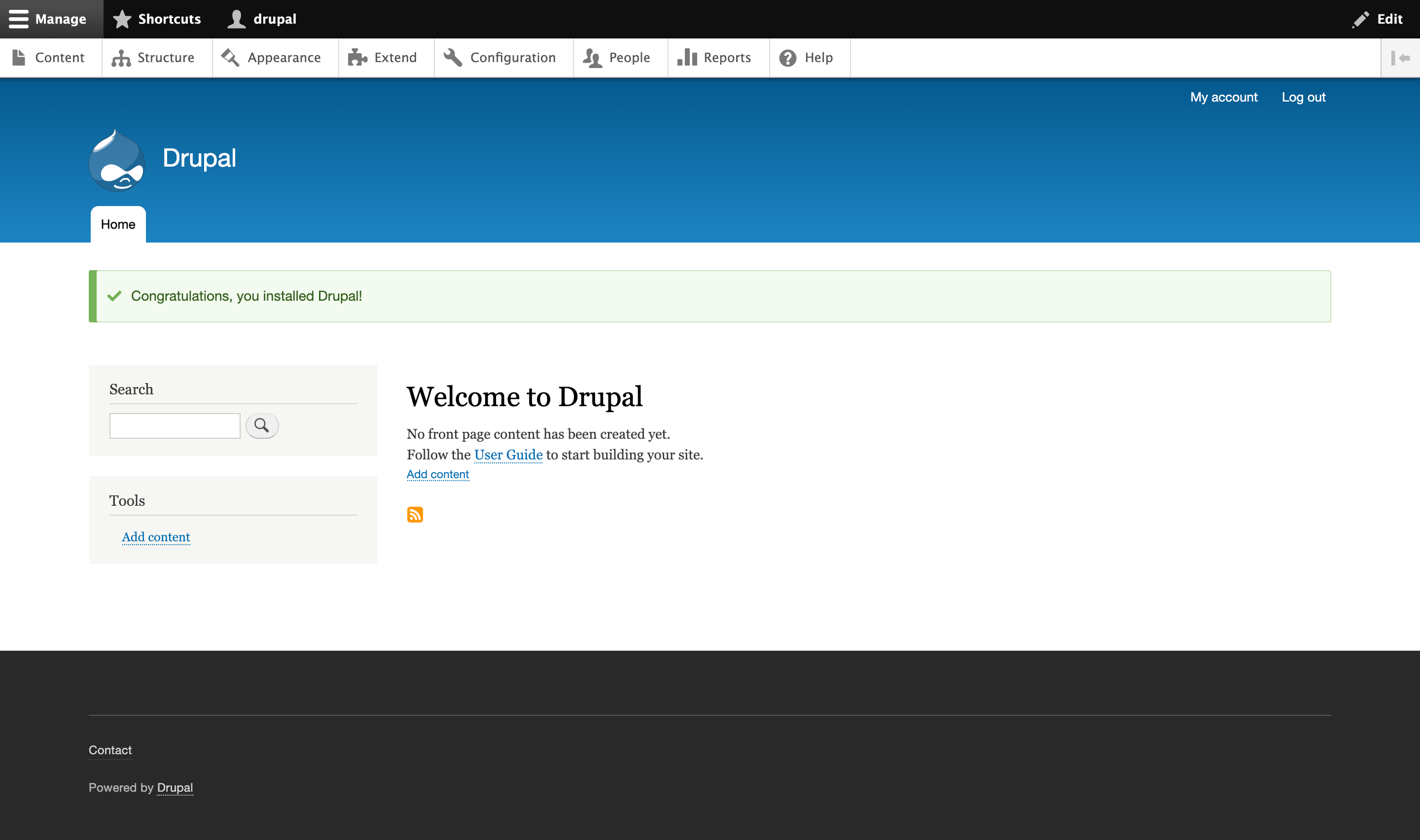 Welcome to Drupal page on Drupal web interface