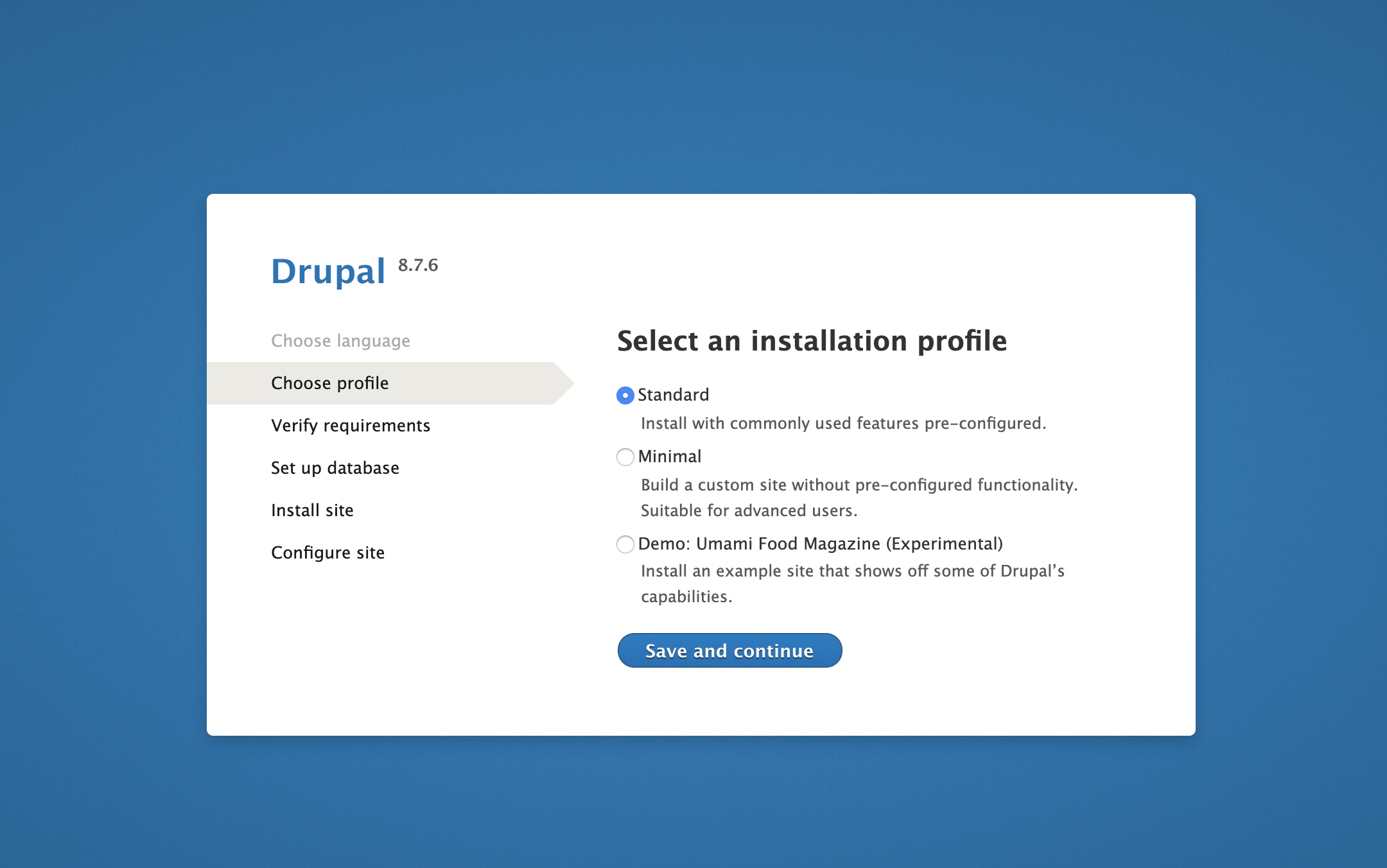 Choose profile page on Drupal web interface
