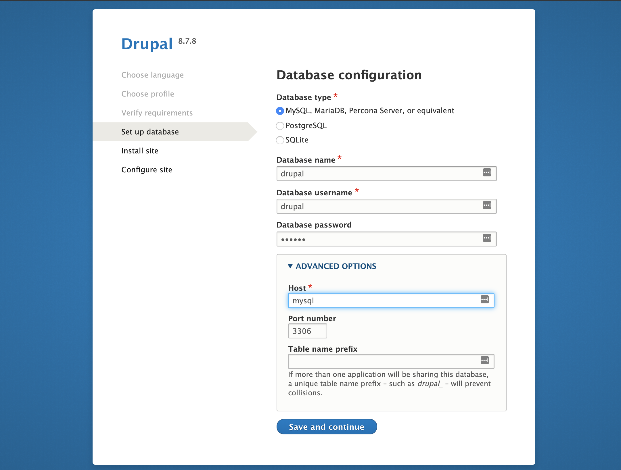 Set up database page on Drupal web interface