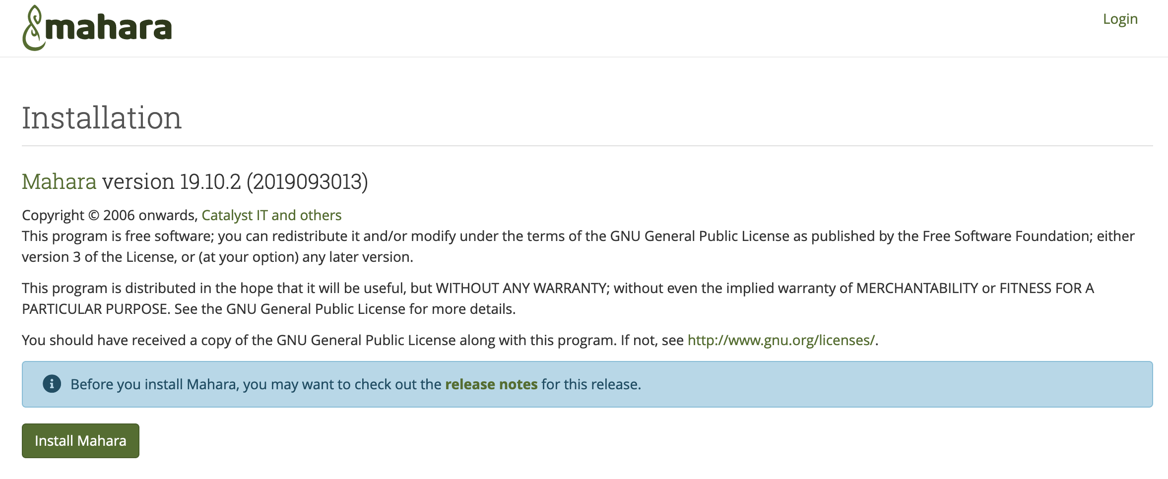 Mahara Install Screen