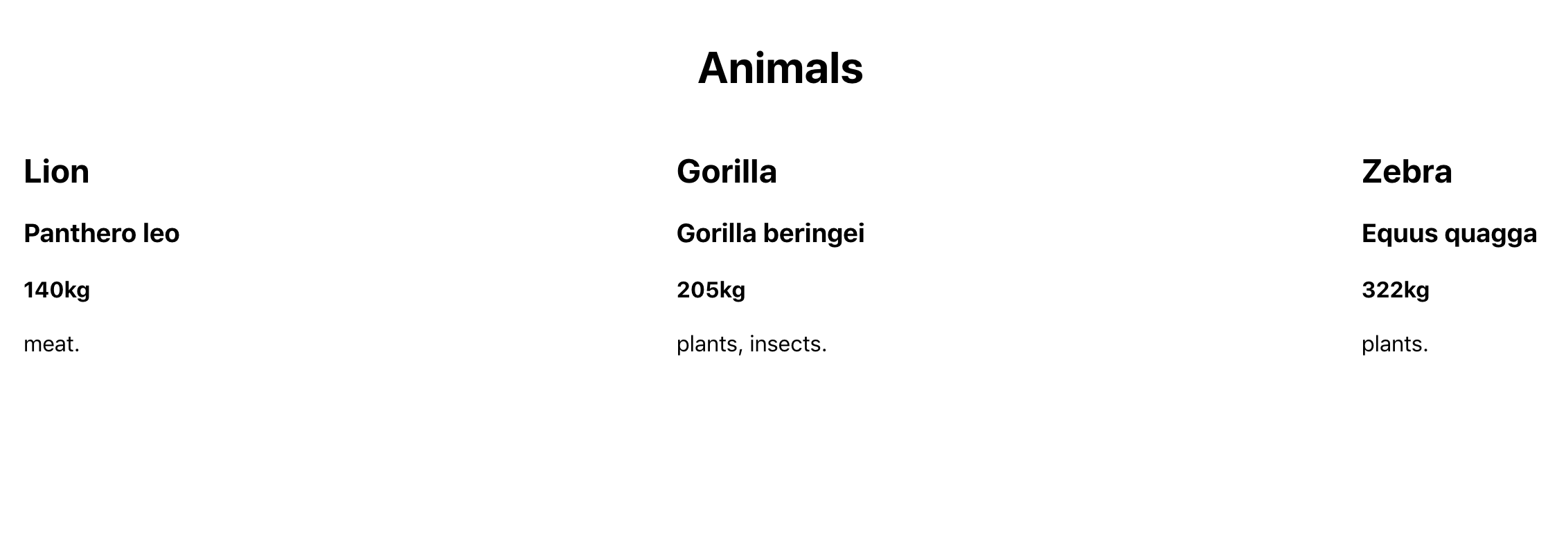 React project with animals with full data