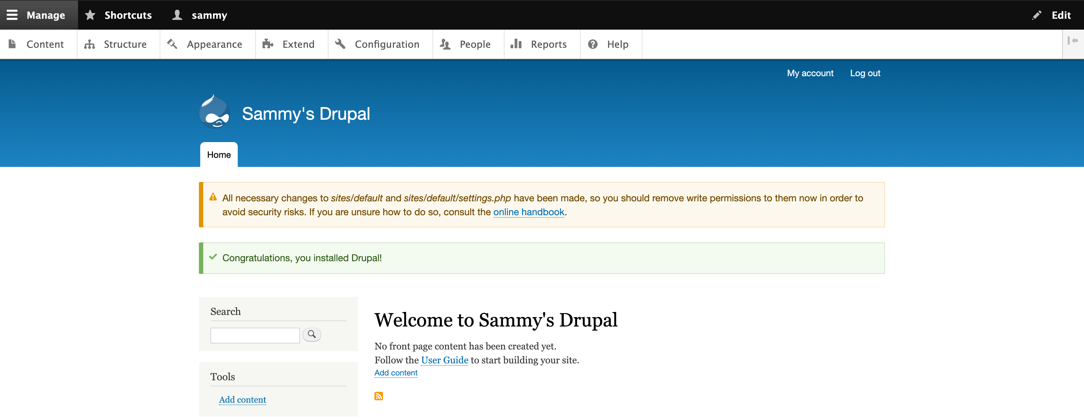 Drupal 9 welcome message with a warning about permissions
