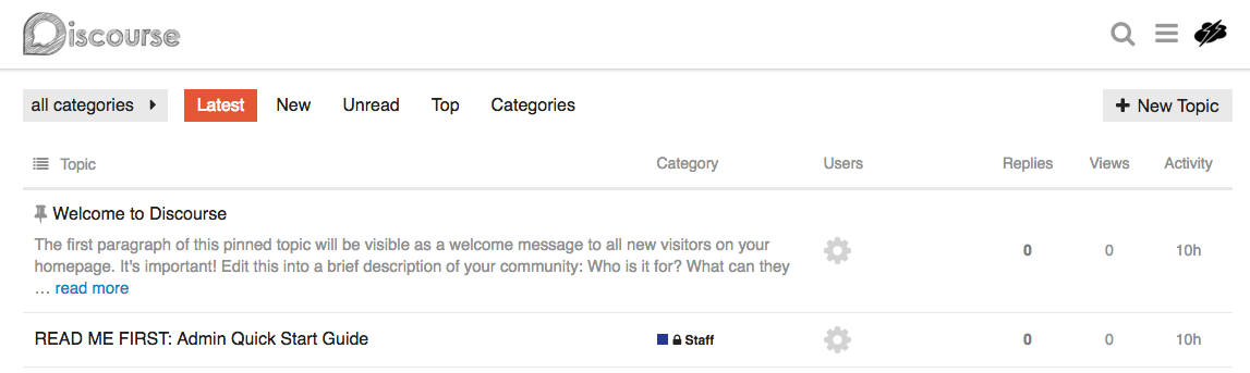 Discourse homepage and link to Admin Quick Start Guide