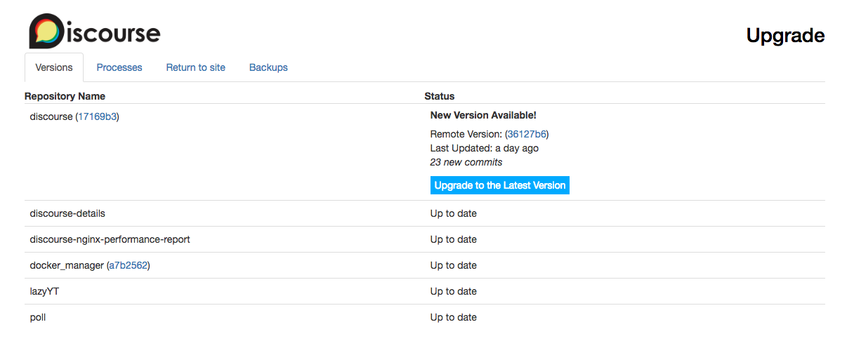 Discourse upgrade admin upgrade page
