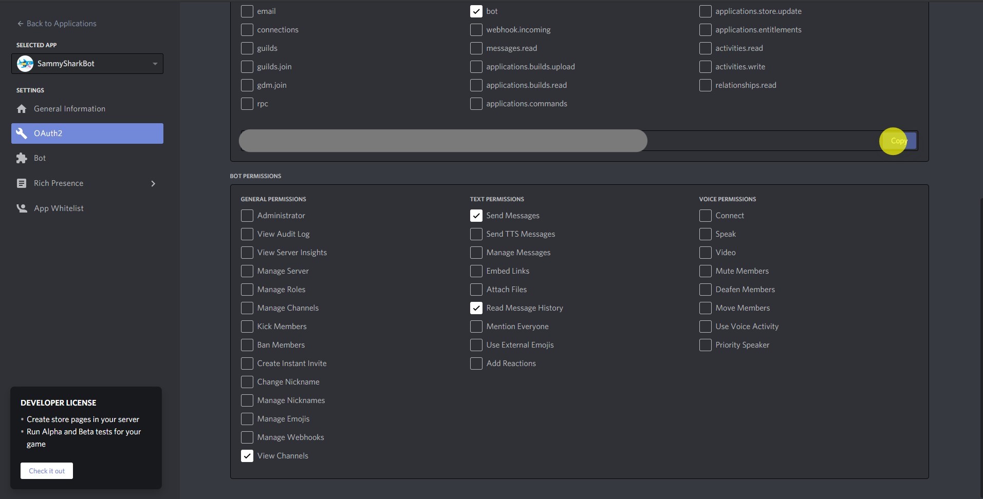 Add bot permissions and copy the link