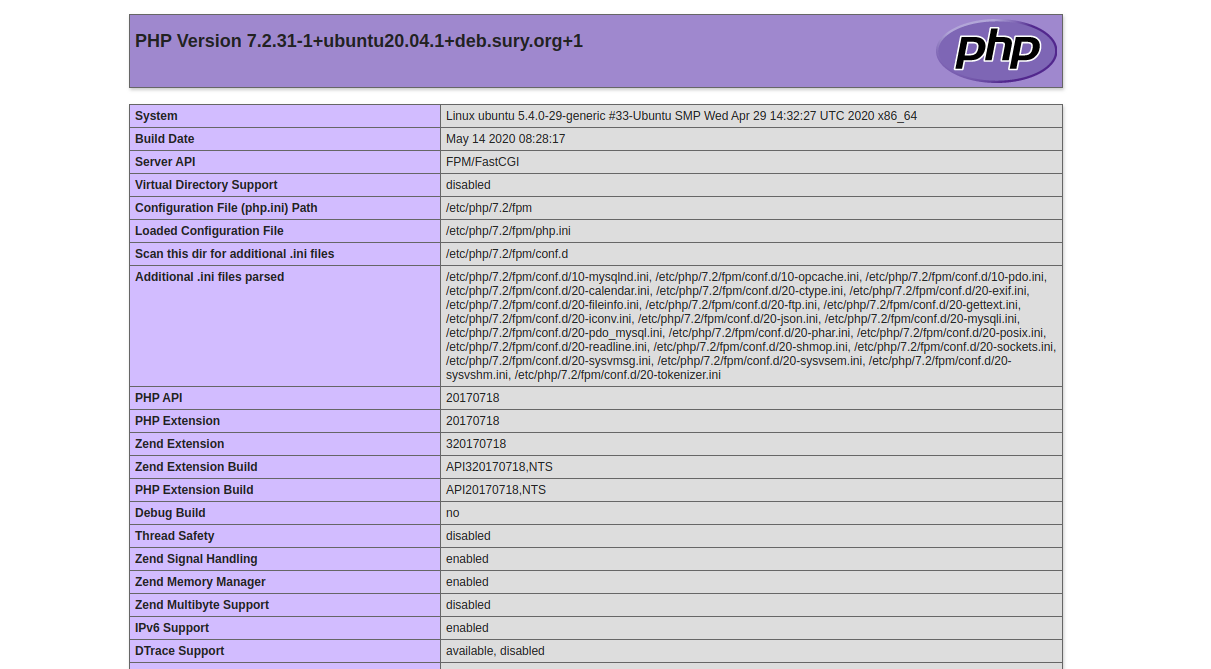 PHP 7.2 info page