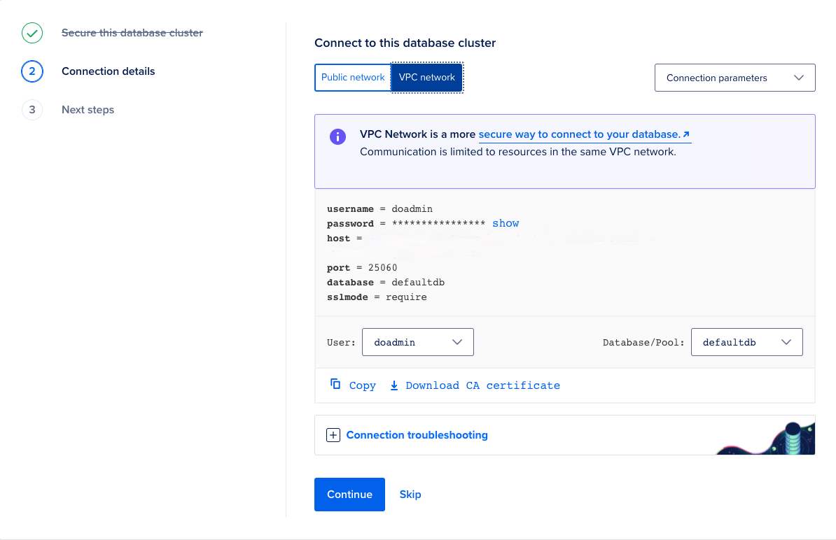 Create database - VPC network