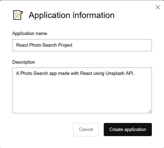 Unsplash Application Information Pop-up