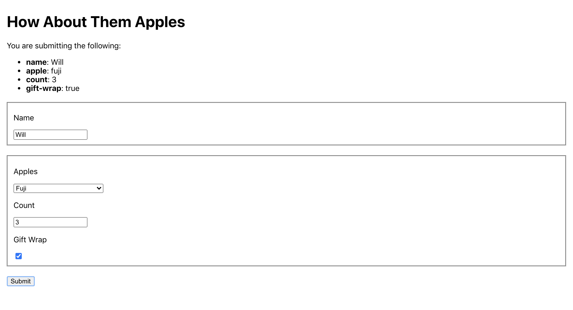 Form elements submitting correct data