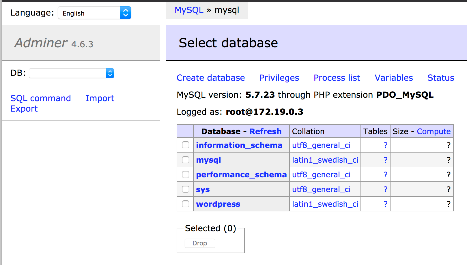 Adminer connected to the MySQL database