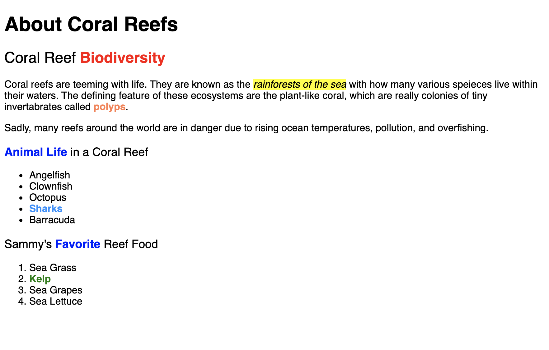 Content of website in a black sans-serif font, with bold content in the secondary heading red, bold content in paragraph content light orange, content in the third-level heading blue, bold content in an unordered list a light blue, and bold content in an ordered list green.