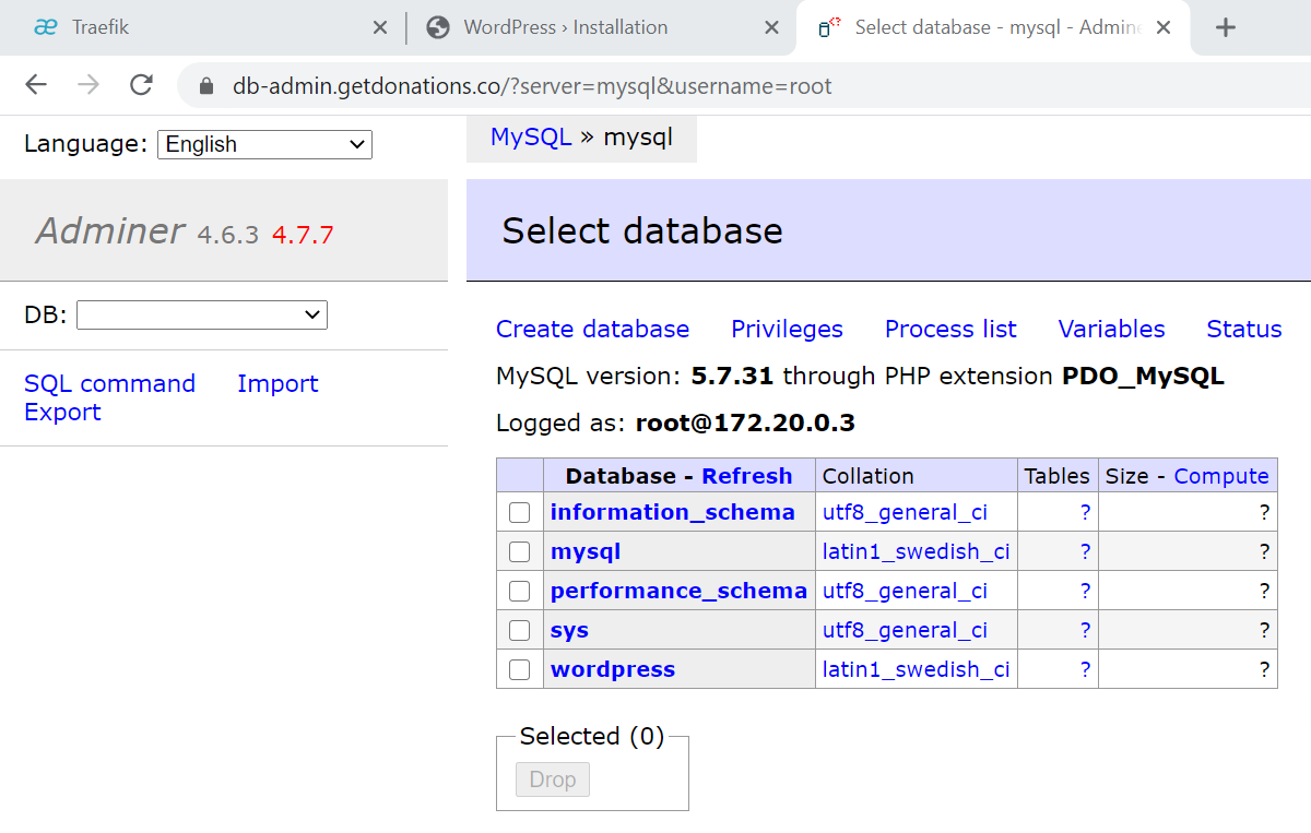 Adminer connected to the MySQL database