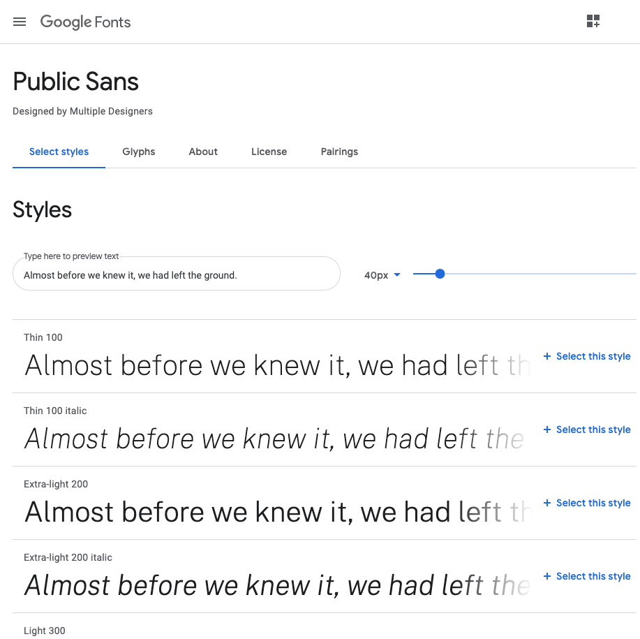 Google Fonts page for the Public Sans font, displaying the font at different weights.
