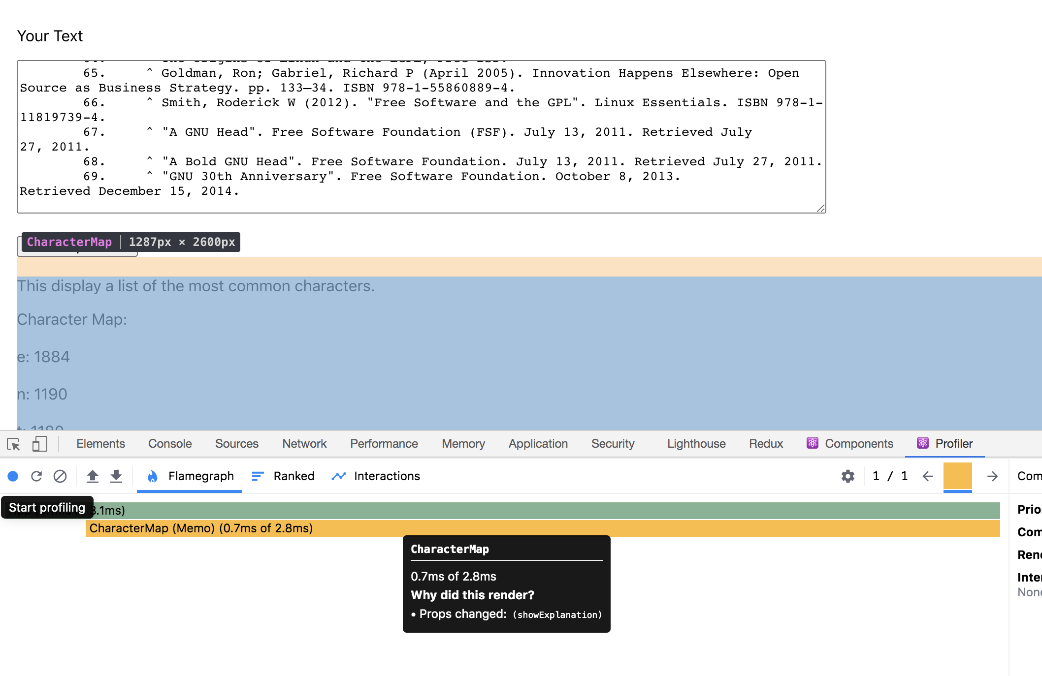 Developer tools profile showing that the component renders in .7ms