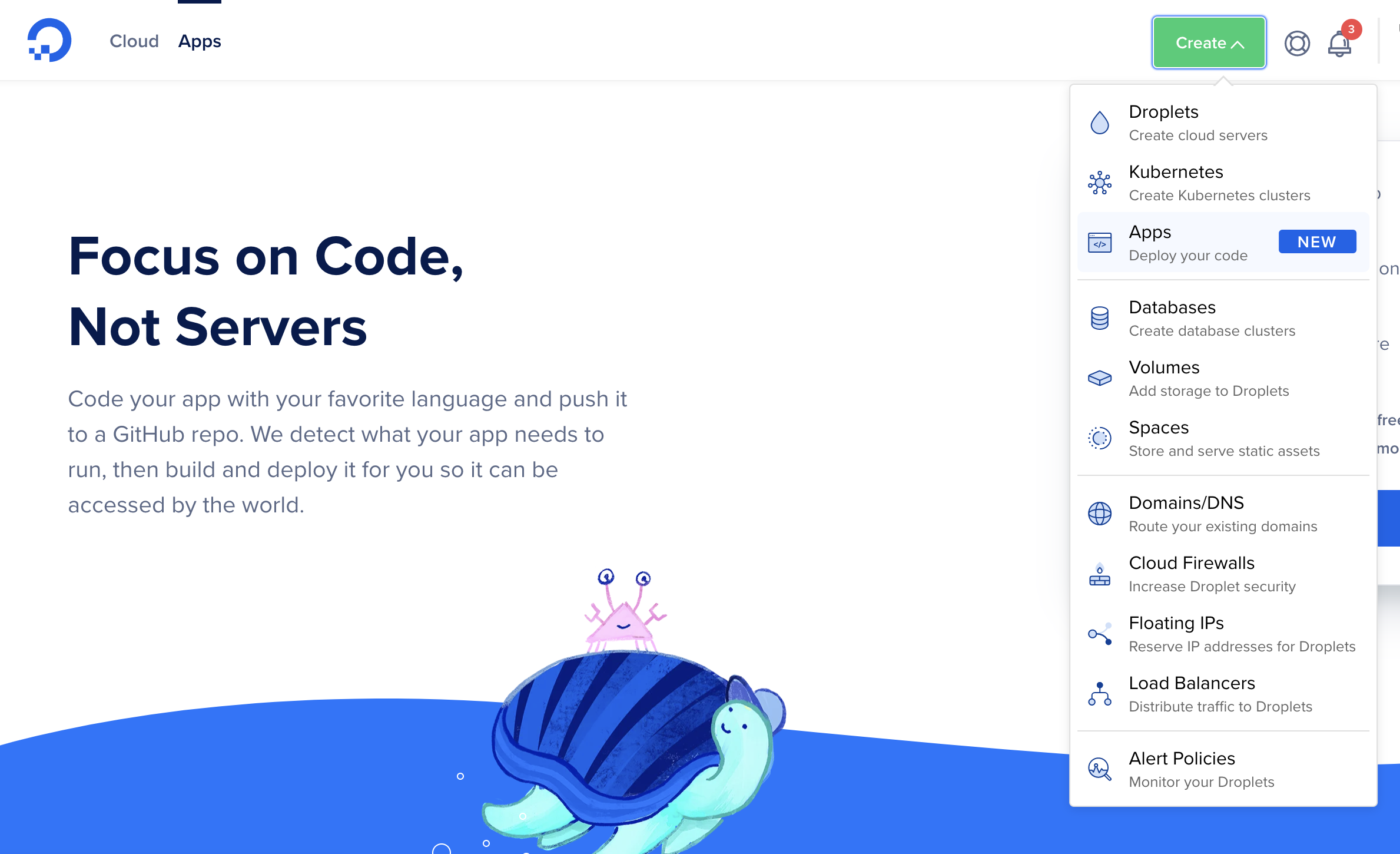 Create a new app page in the DigitalOcean interface
