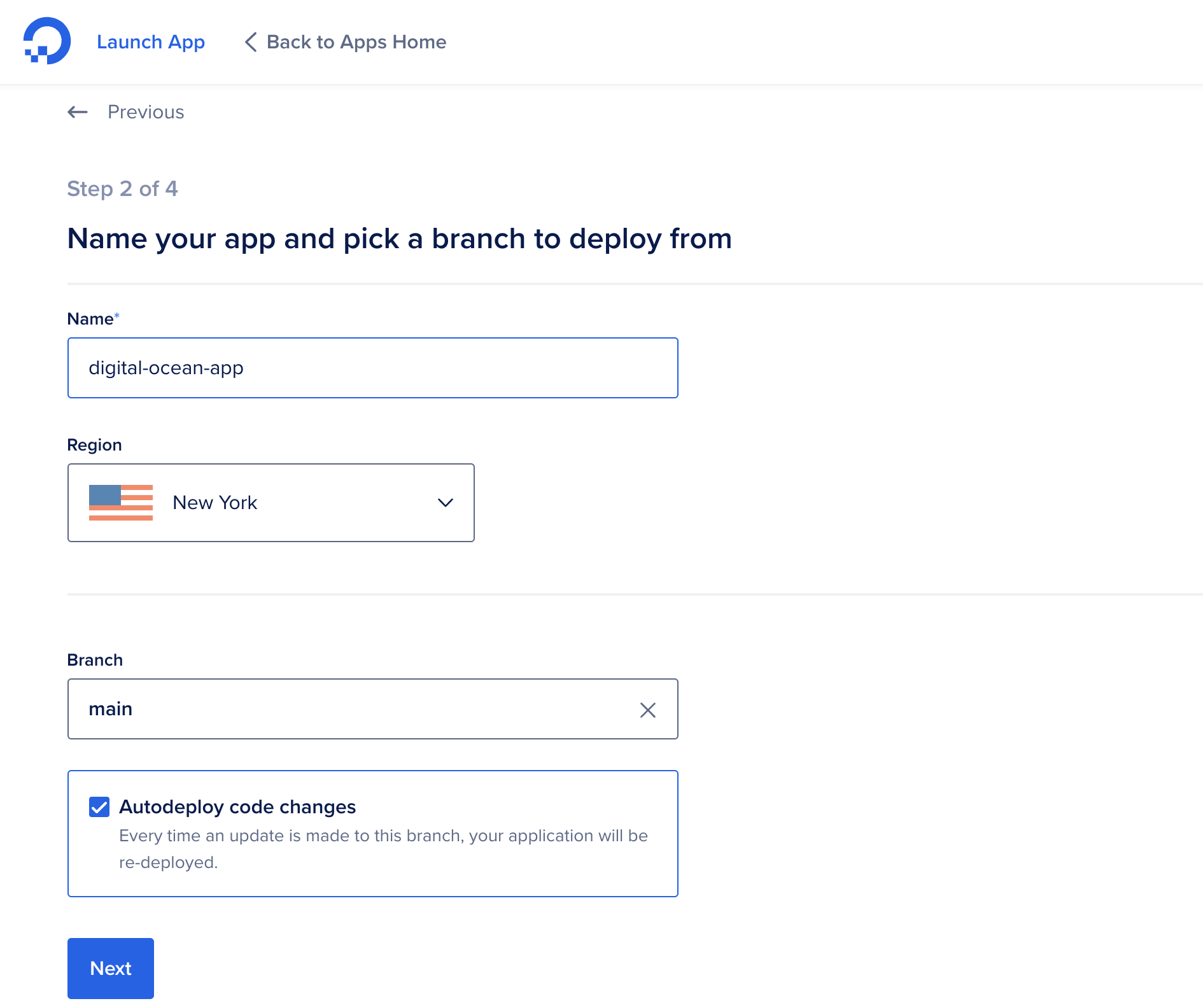 Select branch and location in the DigitalOcean interface