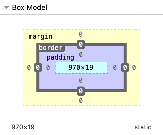 Diagram of the box model with defined boxes from the outer most to inner most as margin, border, and padding, all set to 0 with a computed width and height of 970 by 19. 