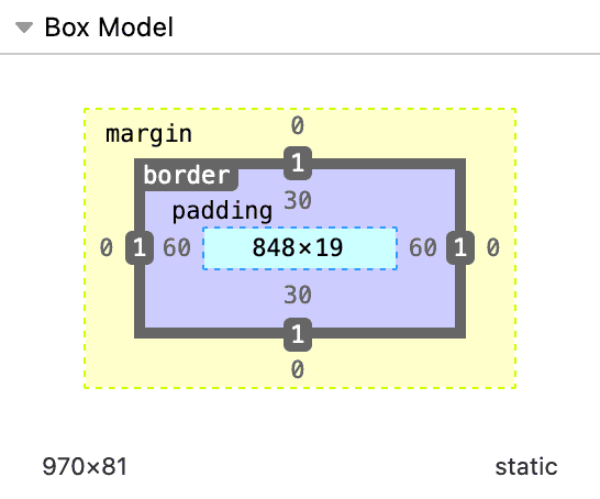 Diagram of the box model with the padding area of the diagram showing a value of 30 for the top and bottom and a 60 for the left and right.