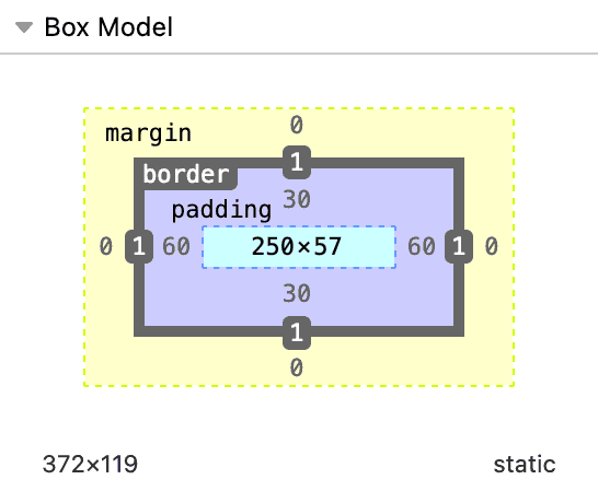 Diagram of the box model with height and width values set in blue at the center of the box with a width of 250 and black sans-serif text below showing a total width of 372.