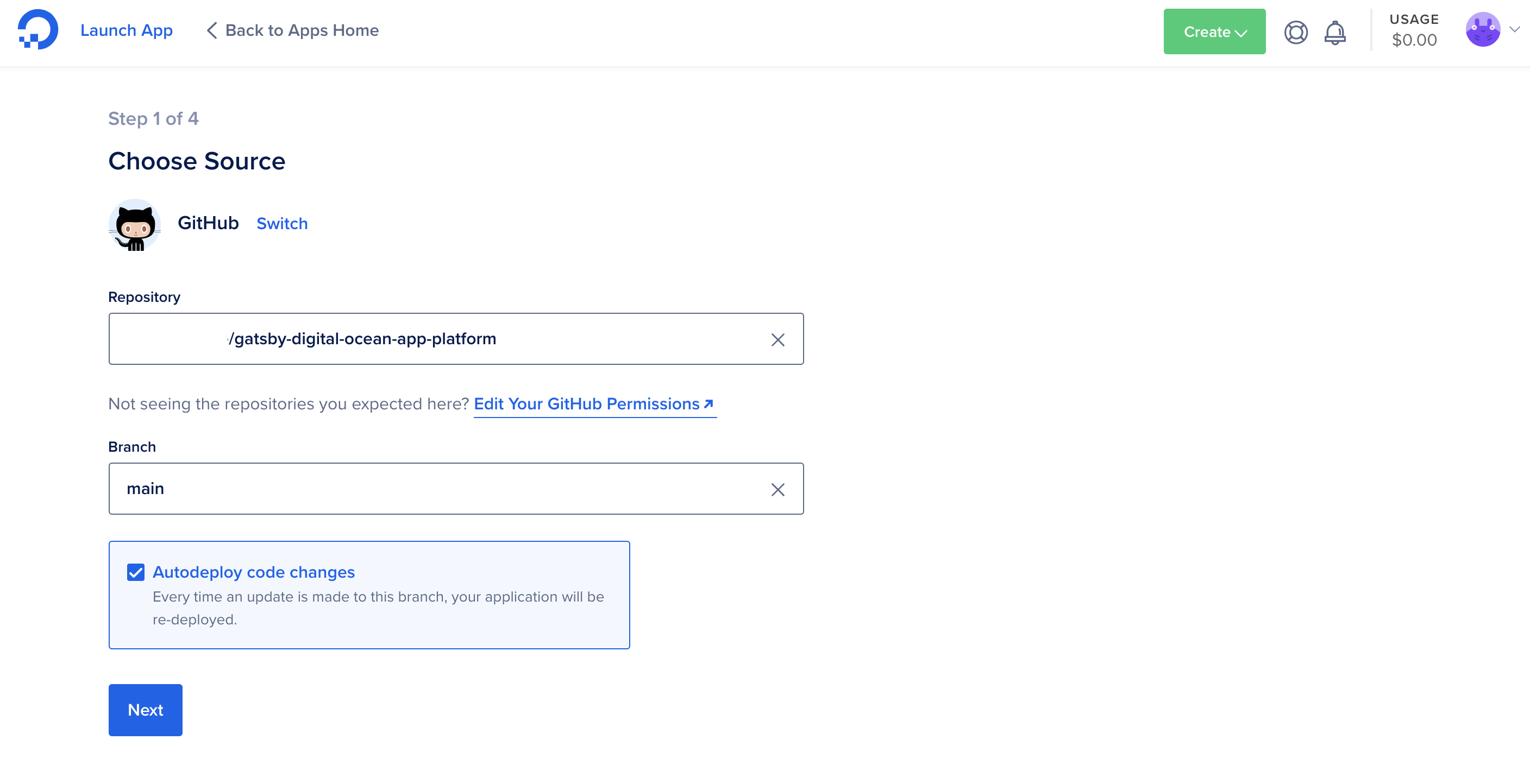Selecting your GitHub repository on the DigitalOcean website