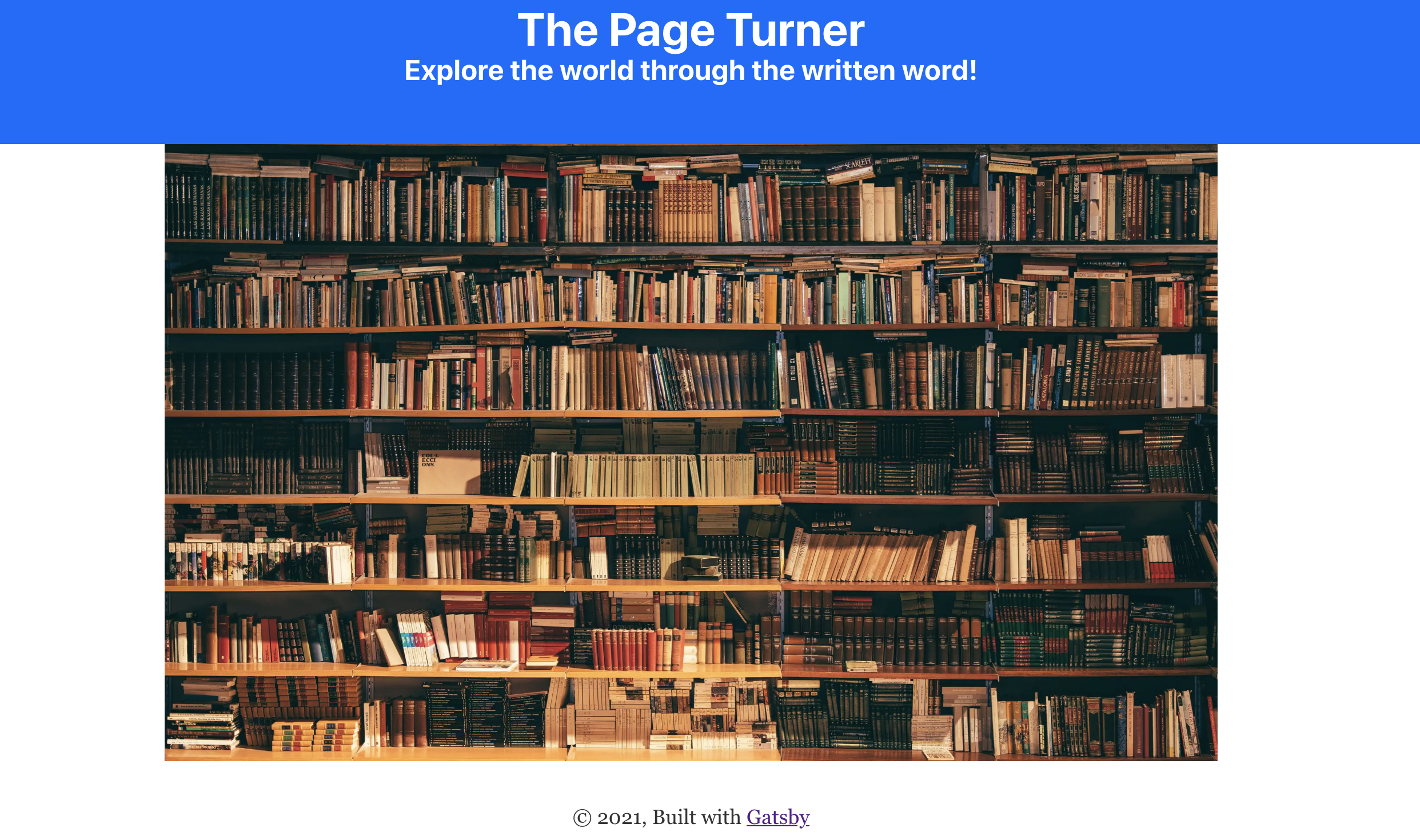 Rendered landing page with bookshelf image.
