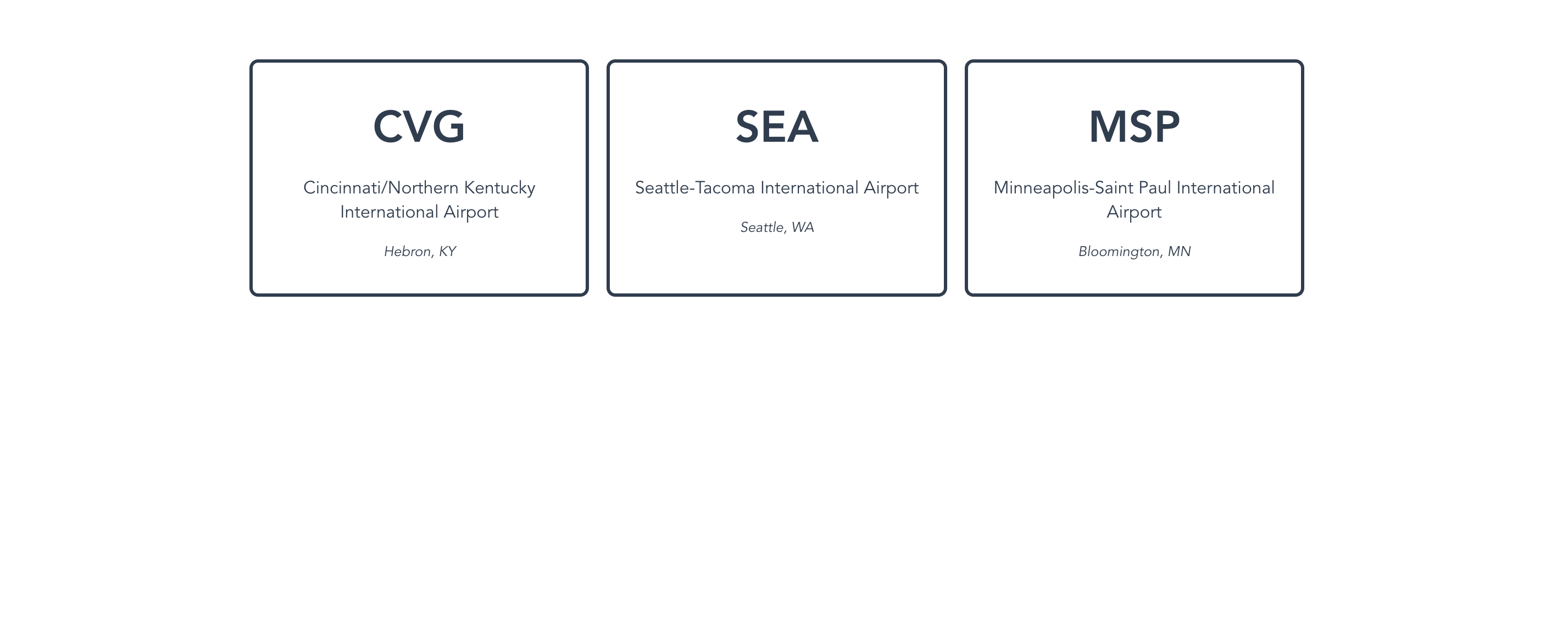 Three cards displaying information about airports, retrieved from the data/airports.js file.