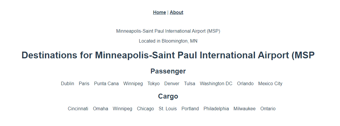 A page rendered with a list of passenger and cargo destinations for Minneapolis-Saint Paul International Airport.