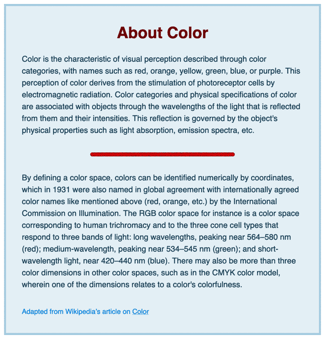 Dark blue text in a sans serif font with a lighter blue background and border, with a title text in red and a rule line between paragraphs that is two shades of red.