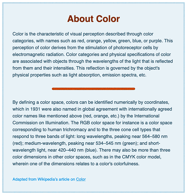 Dark blue text in a sans serif font with a lighter blue background and border, with a title text in a dark orange and a rule line between paragraphs that is two shades of orange.