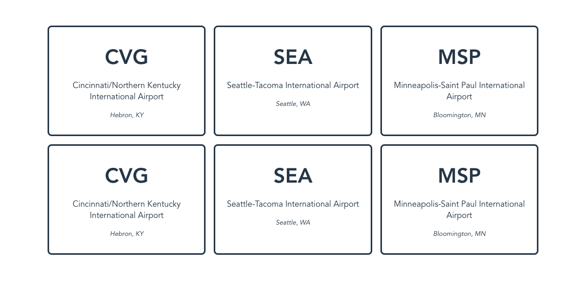 The US airport cards rendered twice in the browser.