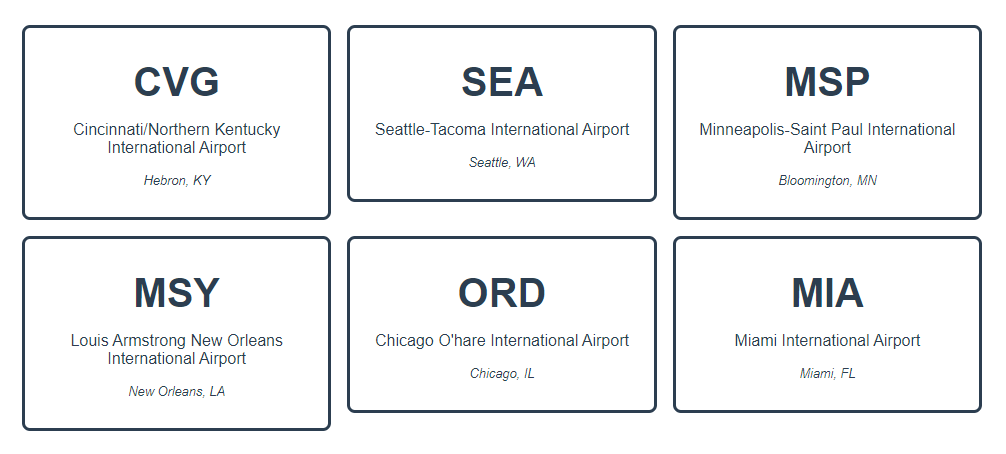 A view of the airport data rendered on cards, with the airport abbreviation, full name, and location rendered in black, sans-serif font.