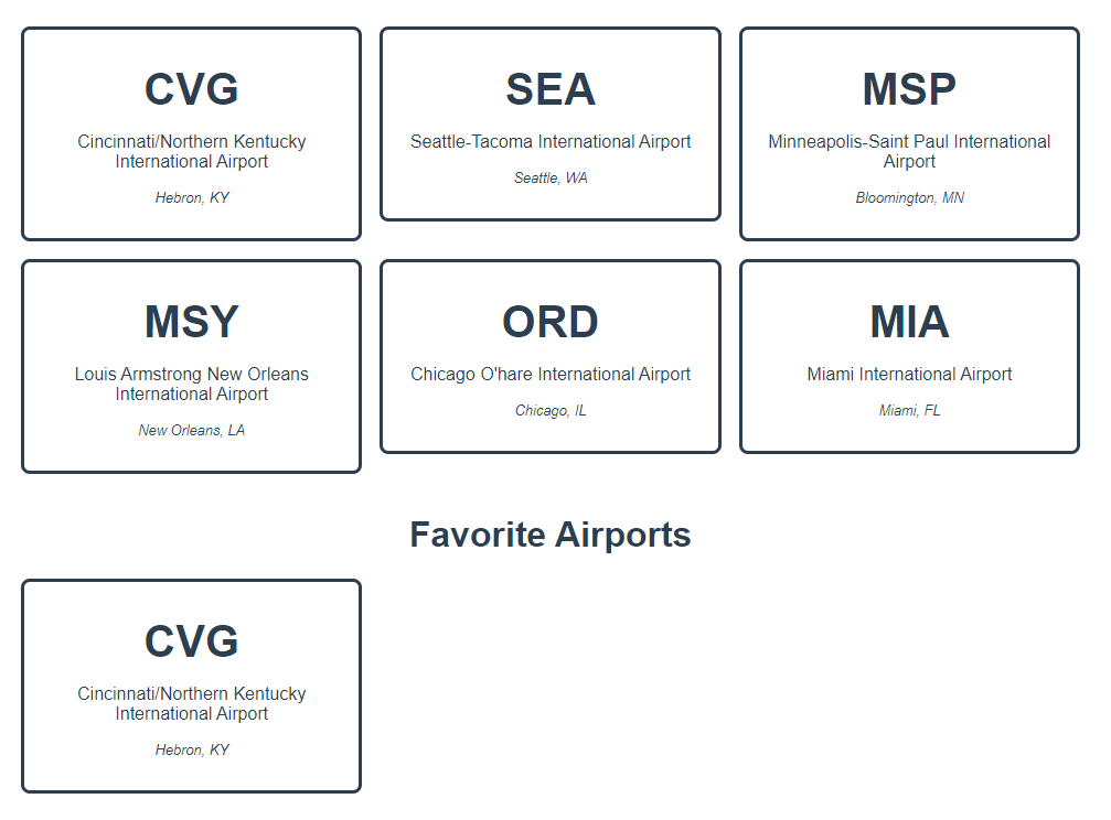 Vue airport app with a list of favorite airports that includes the CVG airport card.