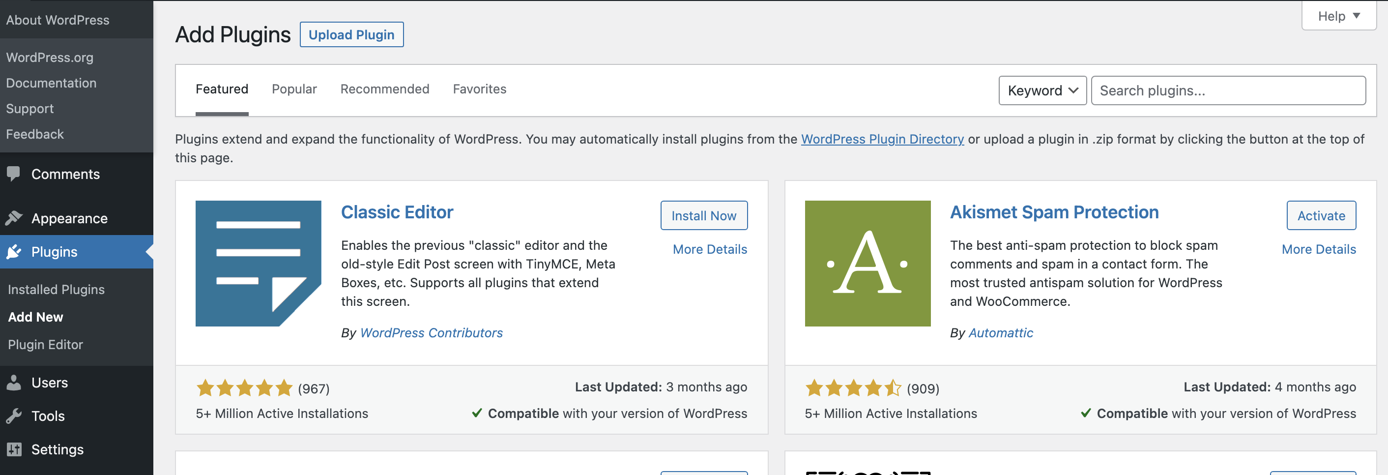 Screenshot showing the Add New link selected in the Plugins sidebar in WordPress Admin